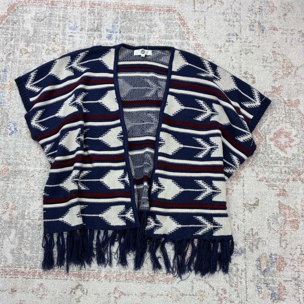 Oversized Aztec Chenille Knit Poncho Ruana Cardigan Blue Fringe Western Size XL